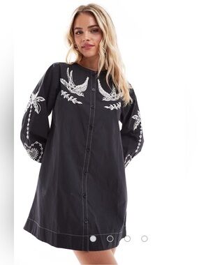 Never Fully Dressed Black Embroidered Swallow Romance Shirt Dress 12